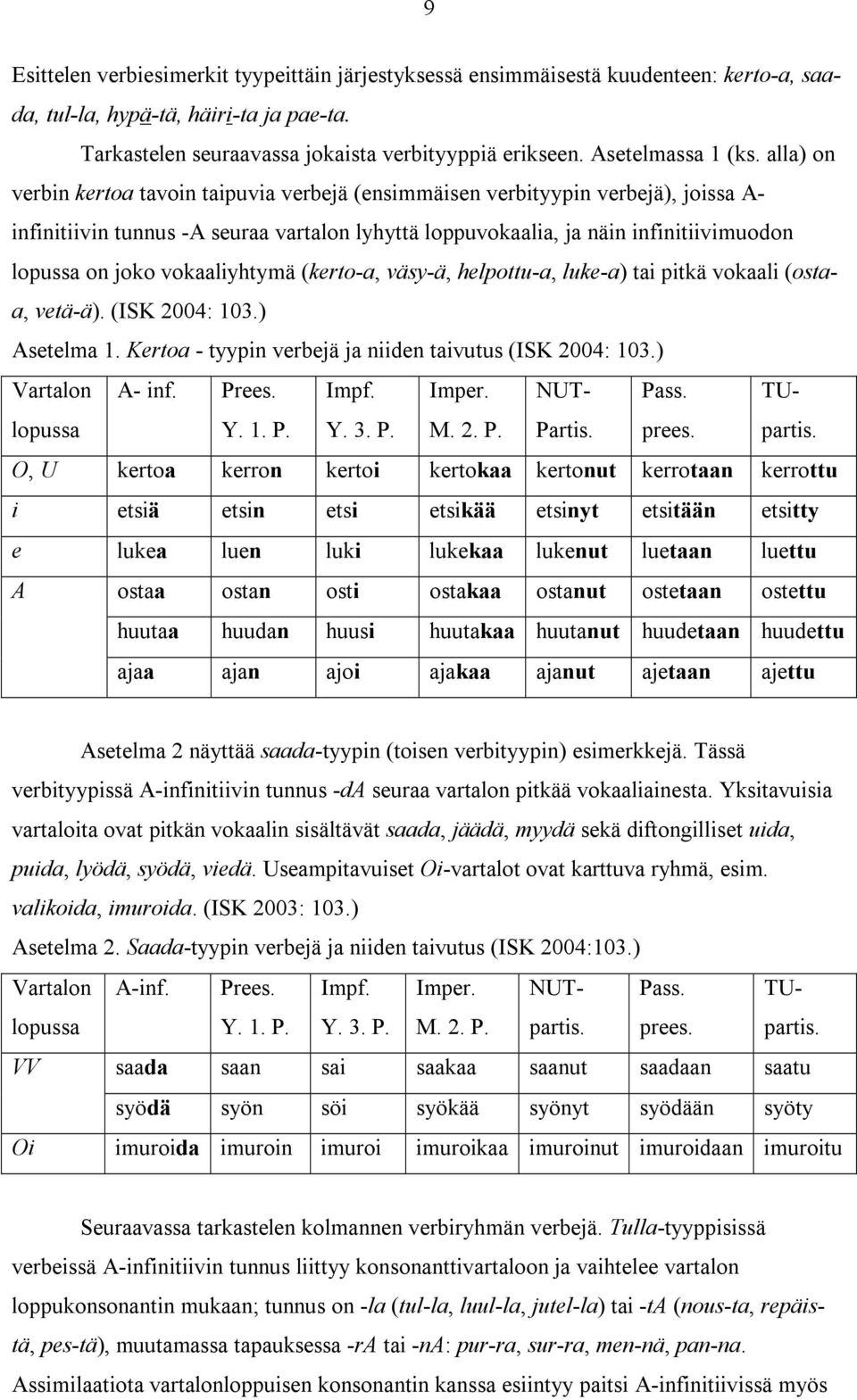 alla) on verbin kertoa tavoin taipuvia verbejä (ensimmäisen verbityypin verbejä), joissa A- infinitiivin tunnus -A seuraa vartalon lyhyttä loppuvokaalia, ja näin infinitiivimuodon lopussa on joko