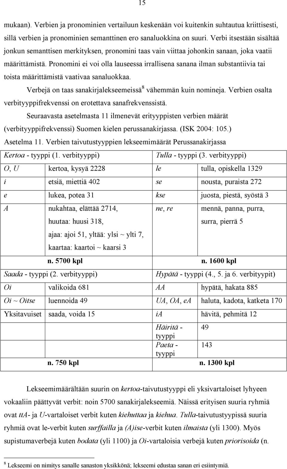 Pronomini ei voi olla lauseessa irrallisena sanana ilman substantiivia tai toista määrittämistä vaativaa sanaluokkaa. Verbejä on taas sanakirjalekseemeissä 8 vähemmän kuin nomineja.