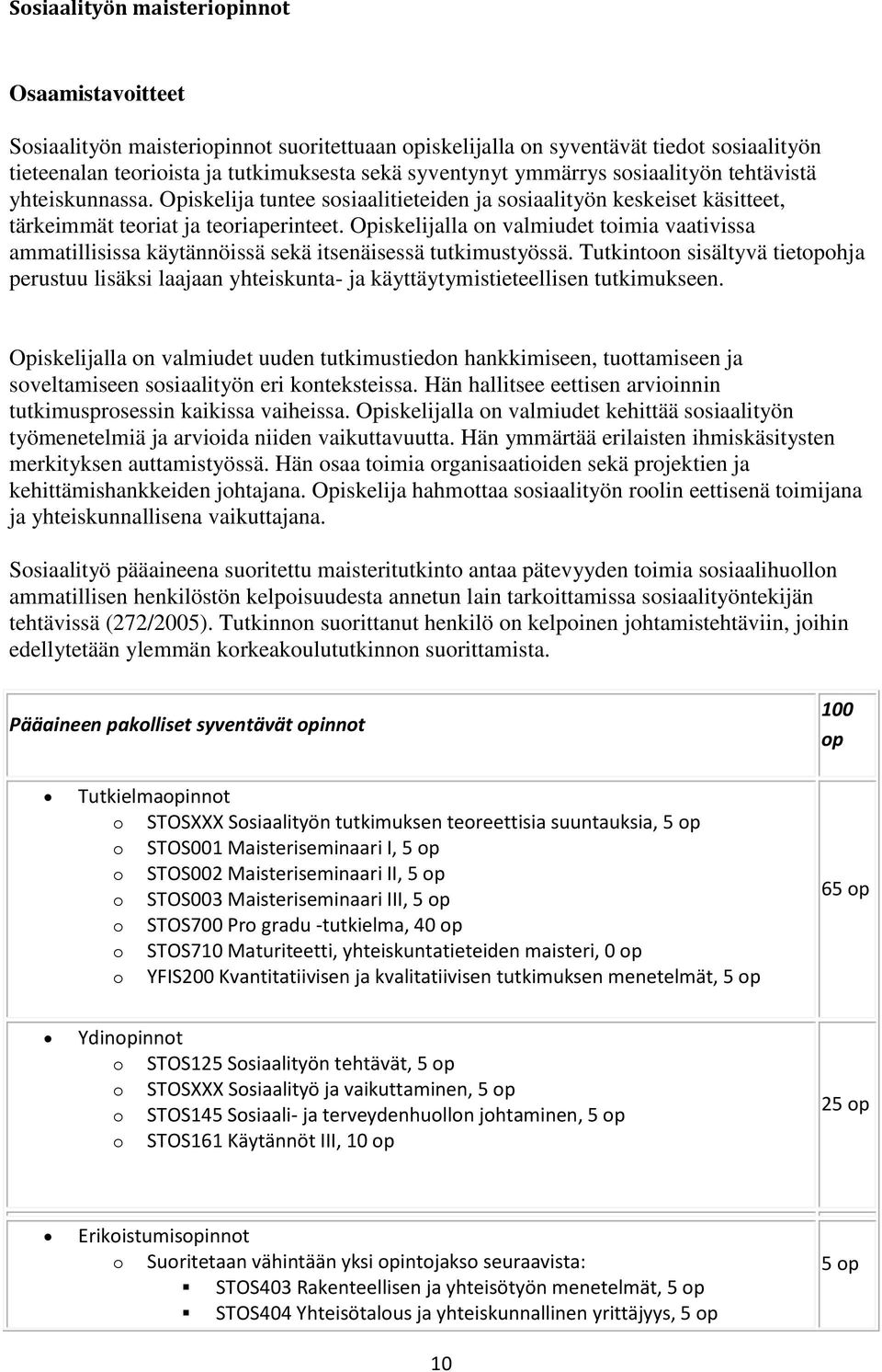 Opiskelijalla on valmiudet toimia vaativissa ammatillisissa käytännöissä sekä itsenäisessä tutkimustyössä.