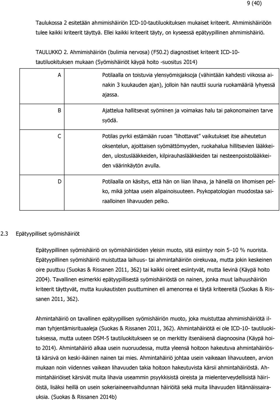 2) diagnostiset kriteerit ICD-10- tautiluokituksen mukaan (Syömishäiriöt käypä hoito -suositus 2014) A Potilaalla on toistuvia ylensyömisjaksoja (vähintään kahdesti viikossa ainakin 3 kuukauden