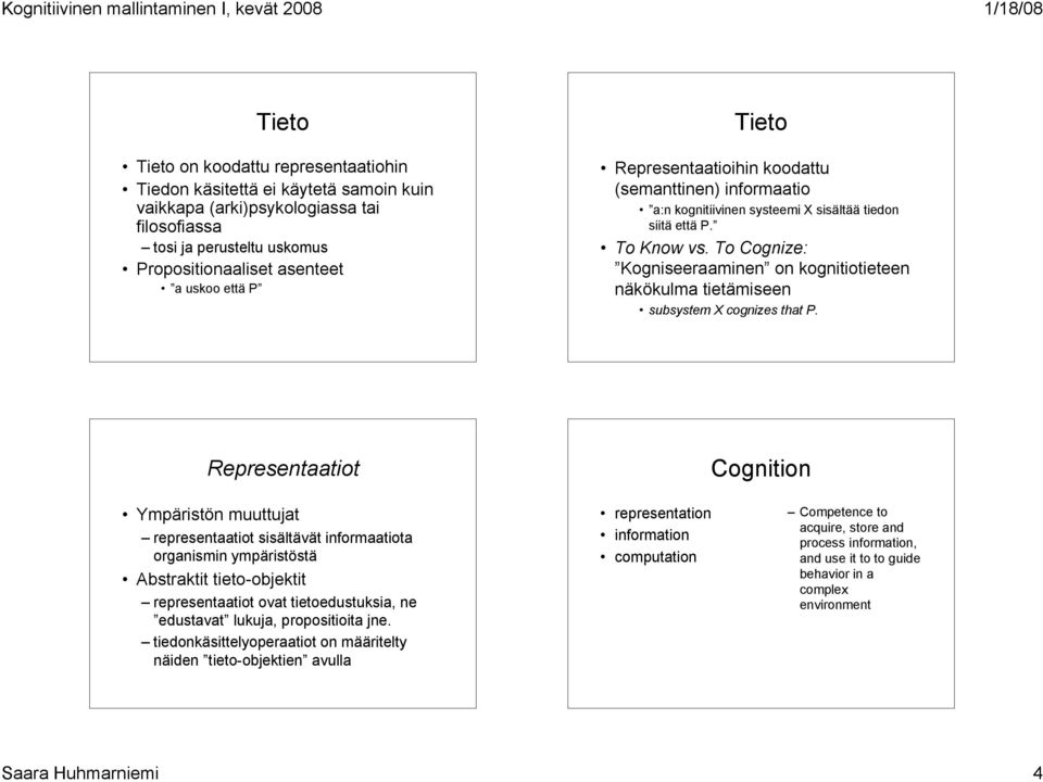 To Cognize: Kogniseeraaminen on kognitiotieteen näkökulma tietämiseen subsystem X cognizes that P.