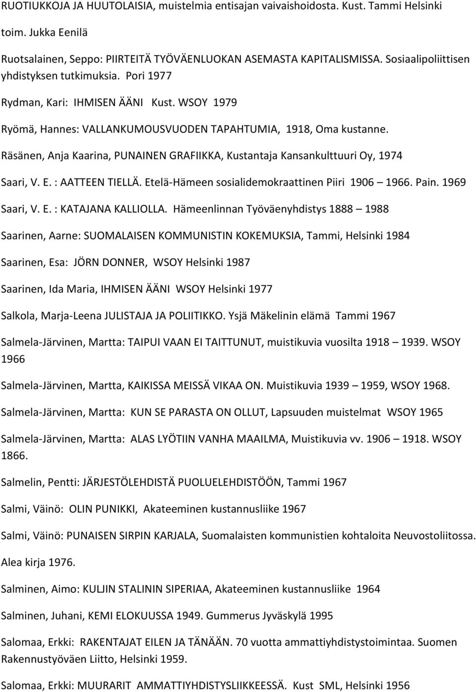 Räsänen, Anja Kaarina, PUNAINEN GRAFIIKKA, Kustantaja Kansankulttuuri Oy, 1974 Saari, V. E. : AATTEEN TIELLÄ. Etelä-Hämeen sosialidemokraattinen Piiri 1906 1966. Pain. 1969 Saari, V. E. : KATAJANA KALLIOLLA.