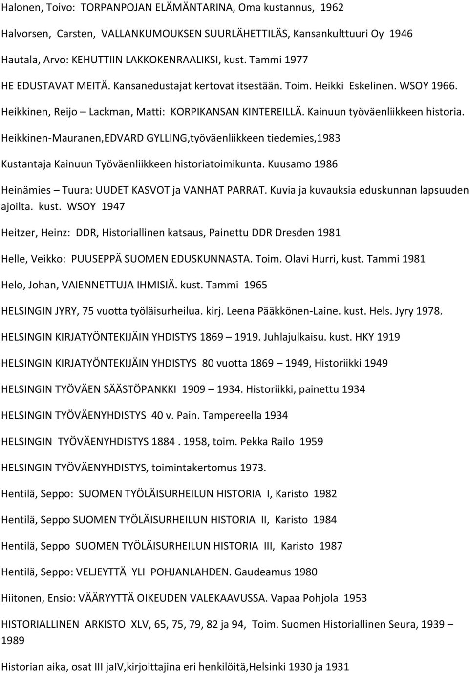 Heikkinen-Mauranen,EDVARD GYLLING,työväenliikkeen tiedemies,1983 Kustantaja Kainuun Työväenliikkeen historiatoimikunta. Kuusamo 1986 Heinämies Tuura: UUDET KASVOT ja VANHAT PARRAT.