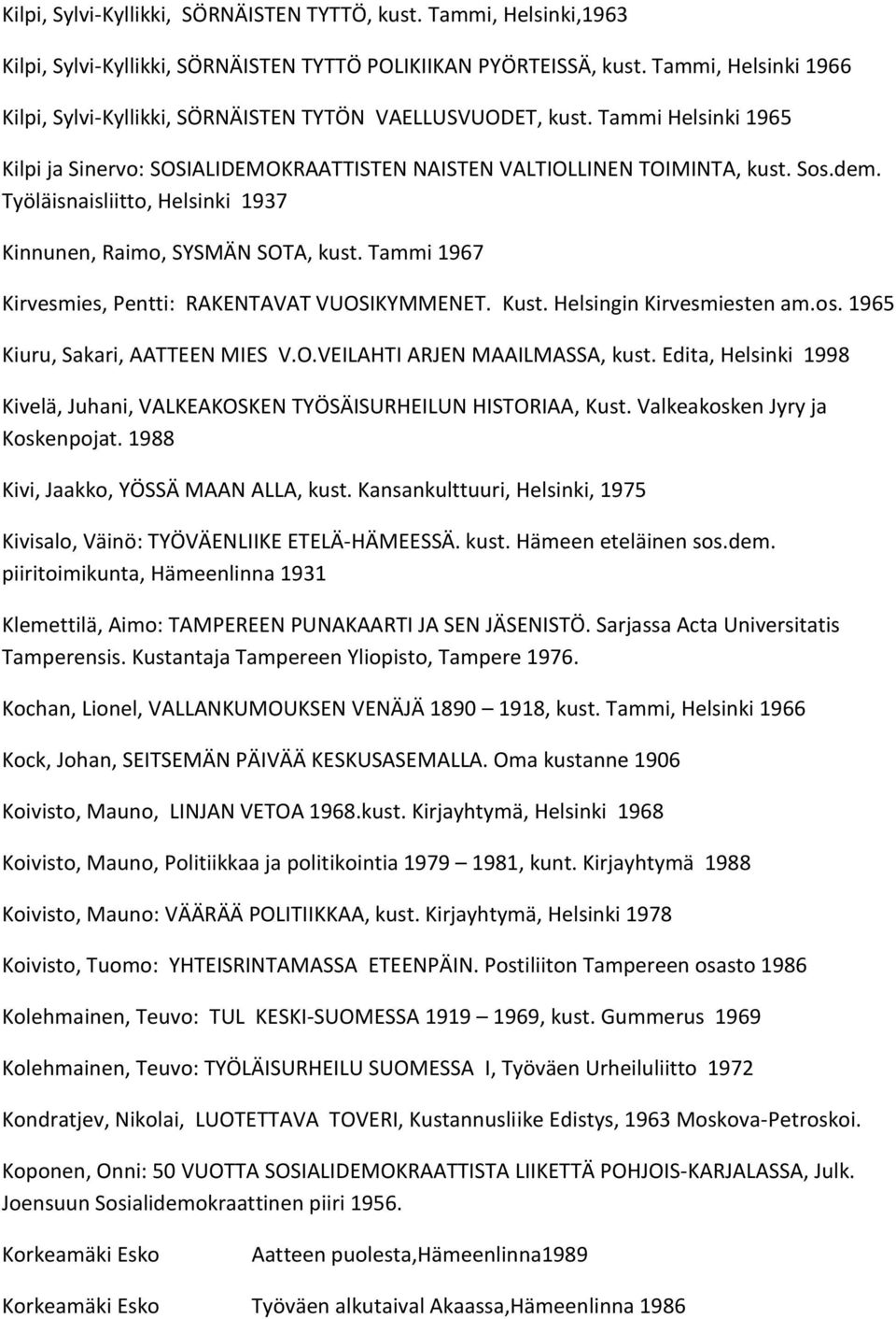 Työläisnaisliitto, Helsinki 1937 Kinnunen, Raimo, SYSMÄN SOTA, kust. Tammi 1967 Kirvesmies, Pentti: RAKENTAVAT VUOSIKYMMENET. Kust. Helsingin Kirvesmiesten am.os. 1965 Kiuru, Sakari, AATTEEN MIES V.O.VEILAHTI ARJEN MAAILMASSA, kust.