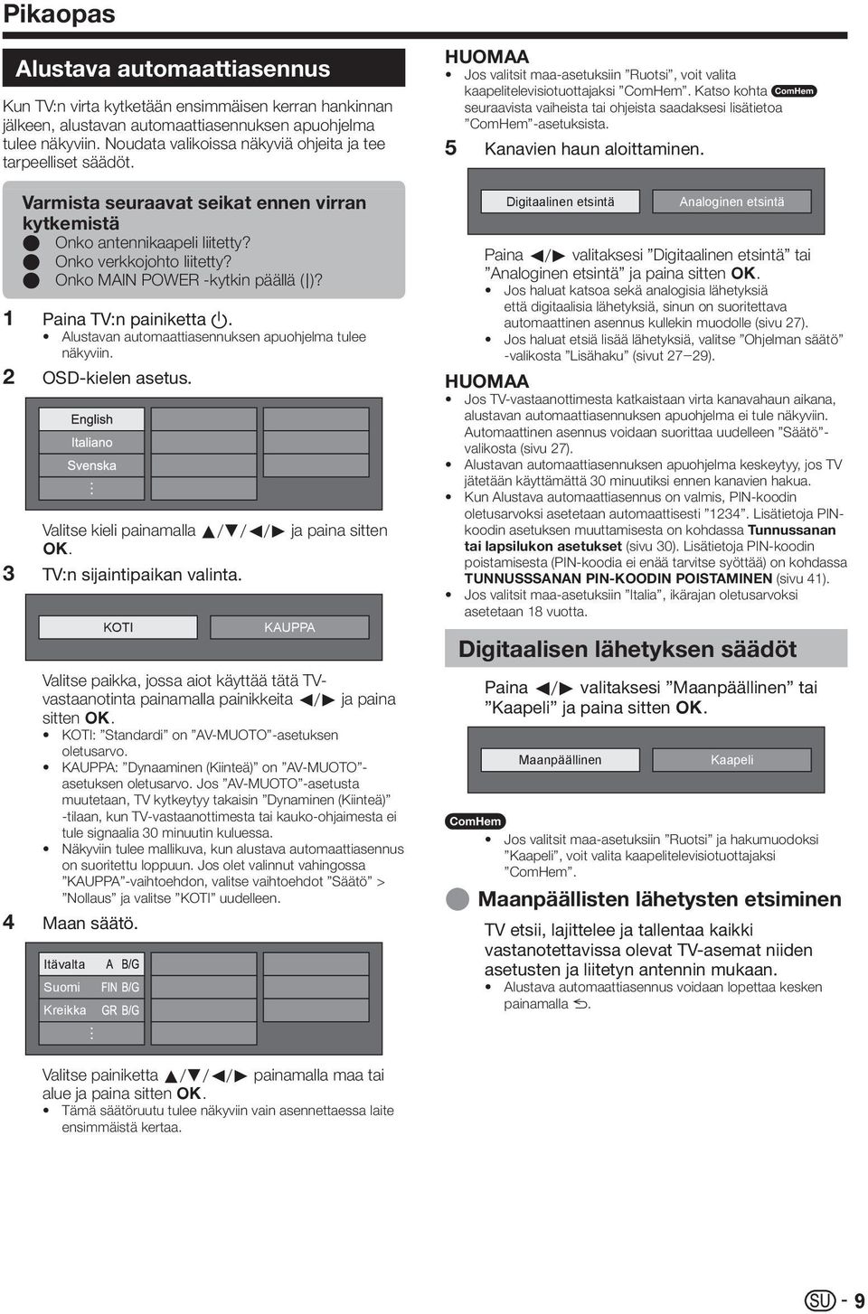 E Onko MAIN POWER -kytkin päällä (;)? Paina TV:n painiketta a. Alustavan automaattiasennuksen apuohjelma tulee näkyviin. OSD-kielen asetus. Valitse kieli painamalla a/b/c/d ja paina sitten ;.