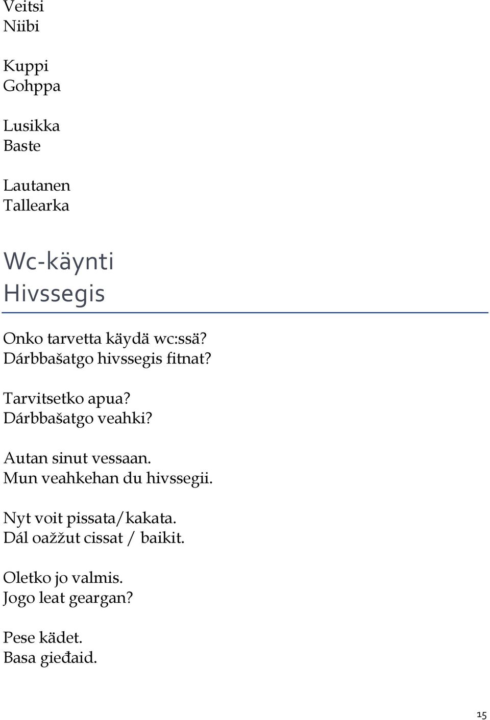 Dárbbašatgo veahki? Autan sinut vessaan. Mun veahkehan du hivssegii.