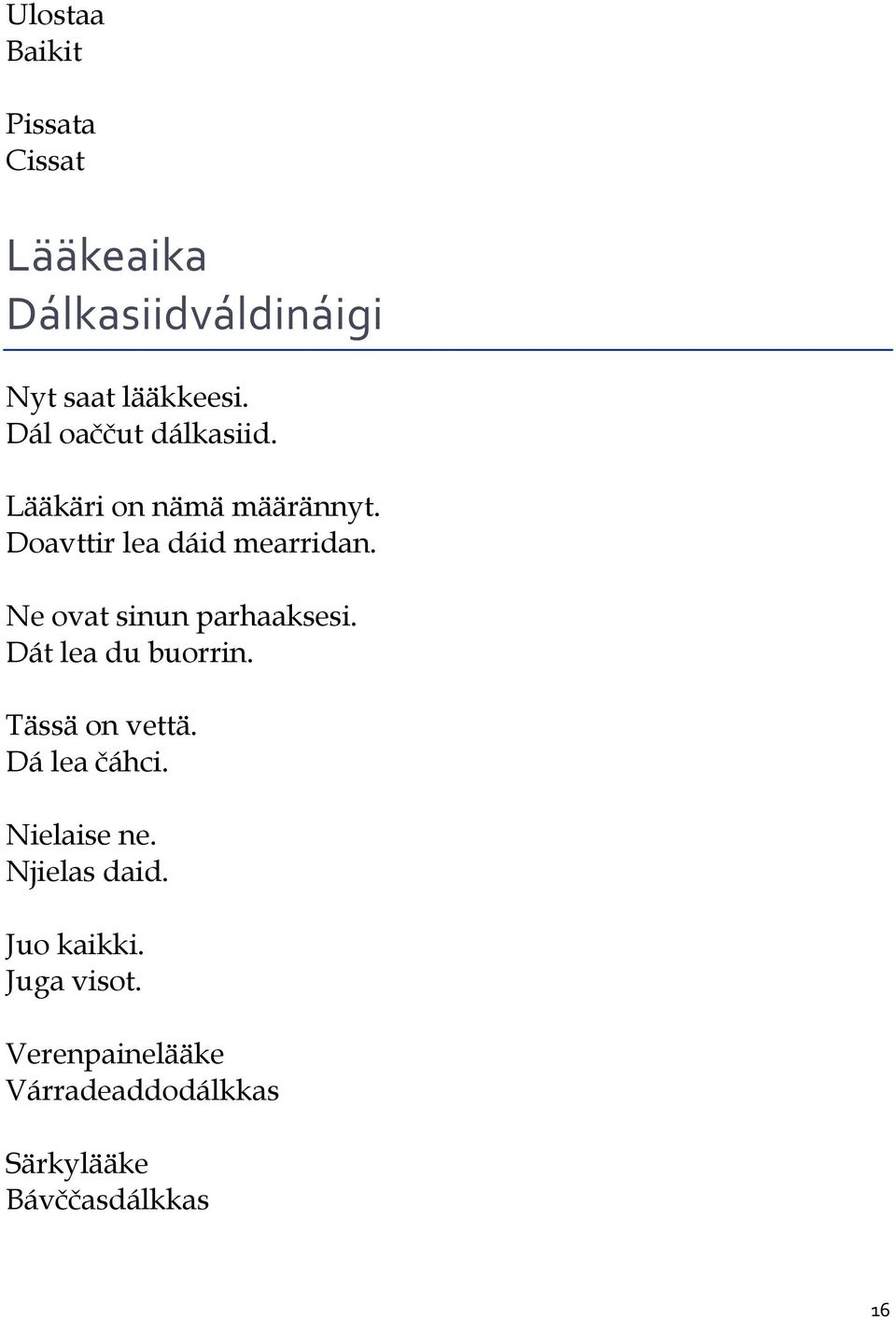 Ne ovat sinun parhaaksesi. Dát lea du buorrin. Tässä on vettä. Dá lea čáhci.