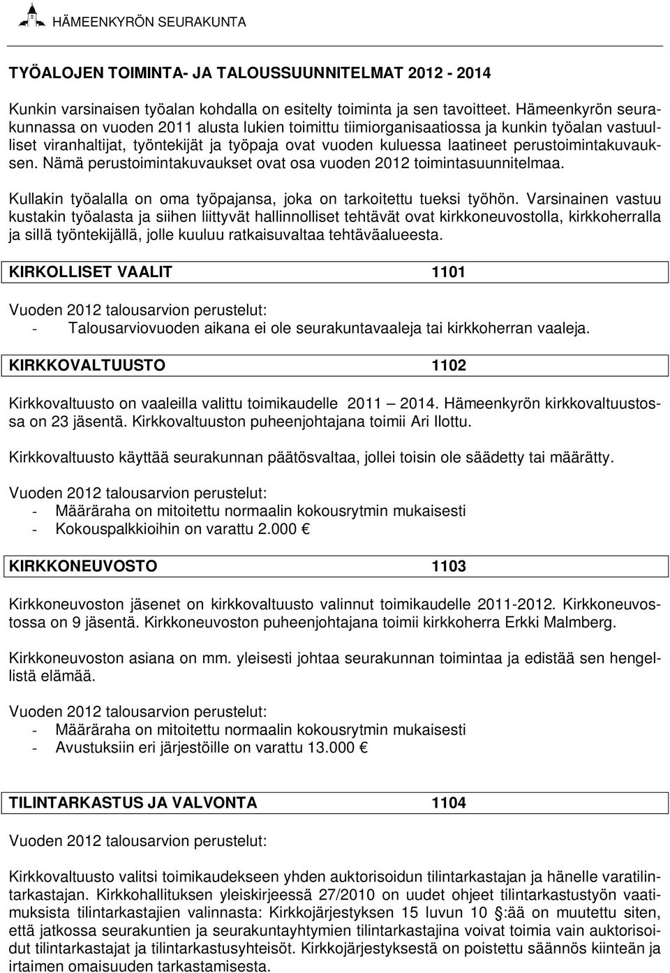 perustoimintakuvauksen. Nämä perustoimintakuvaukset ovat osa vuoden 2012 toimintasuunnitelmaa. Kullakin työalalla on oma työpajansa, joka on tarkoitettu tueksi työhön.