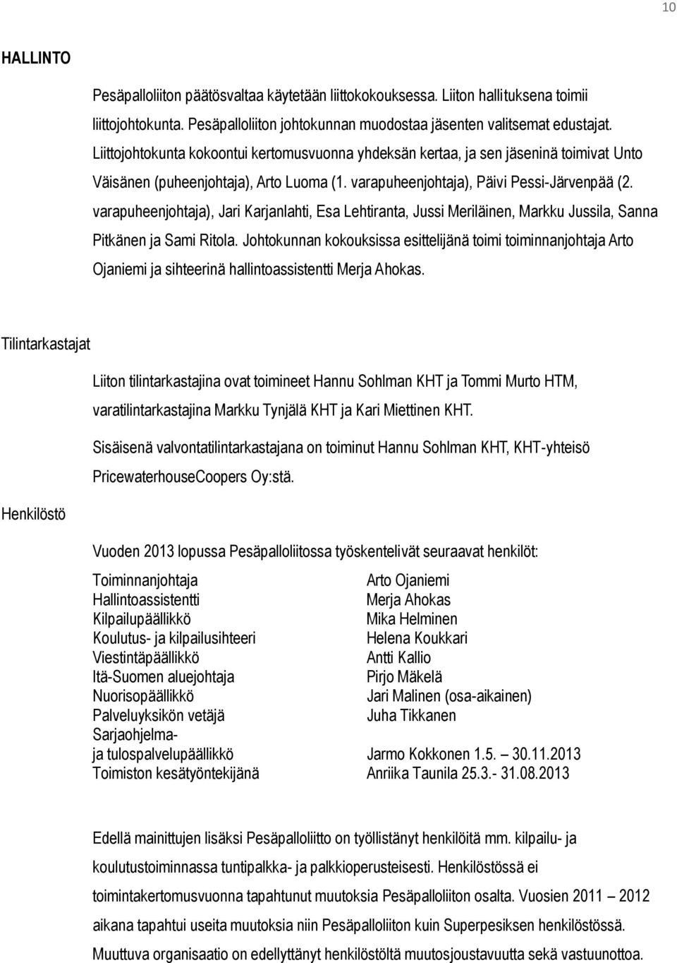 varapuheenjohtaja), Jari Karjanlahti, Esa Lehtiranta, Jussi Meriläinen, Markku Jussila, Sanna Pitkänen ja Sami Ritola.