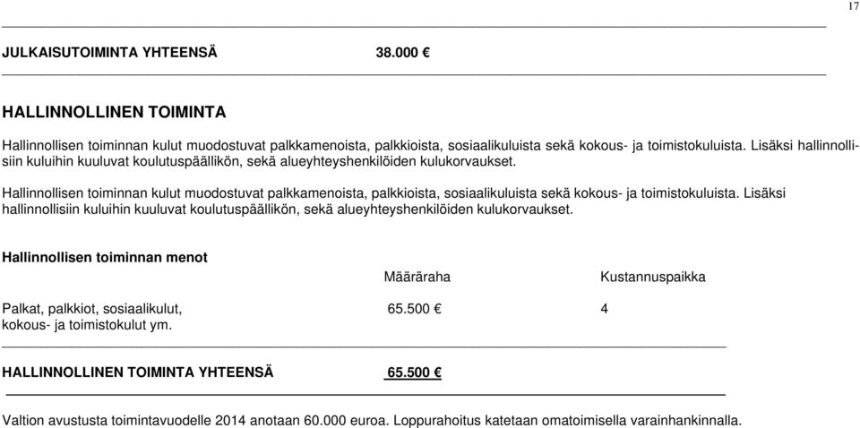 Hallinnollisen toiminnan kulut muodostuvat palkkamenoista, palkkioista, sosiaalikuluista sekä kokous- ja toimistokuluista.