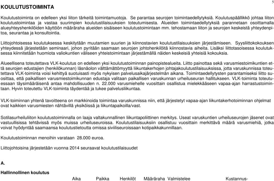 Alueiden toimintaedellytyksiä parannetaan osoittamalla alueyhteyshenkilöiden käyttöön määräraha alueiden sisäiseen koulutustoimintaan mm.