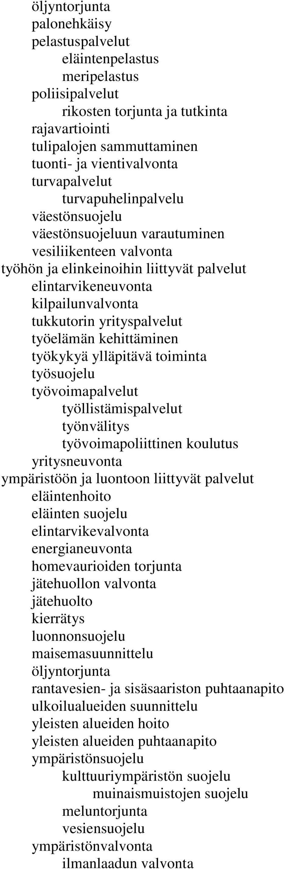 yrityspalvelut työelämän kehittäminen työkykyä ylläpitävä toiminta työsuojelu työvoimapalvelut työllistämispalvelut työnvälitys työvoimapoliittinen koulutus yritysneuvonta ympäristöön ja luontoon