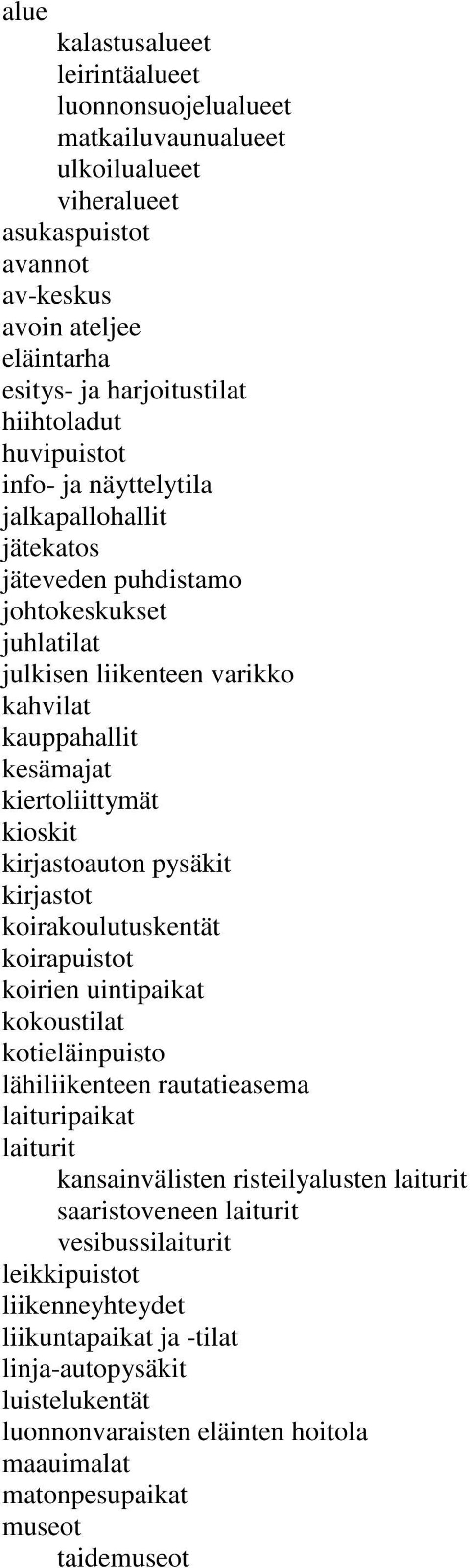 kirjastoauton pysäkit kirjastot koirakoulutuskentät koirapuistot koirien uintipaikat kokoustilat kotieläinpuisto lähiliikenteen rautatieasema laituripaikat laiturit kansainvälisten risteilyalusten