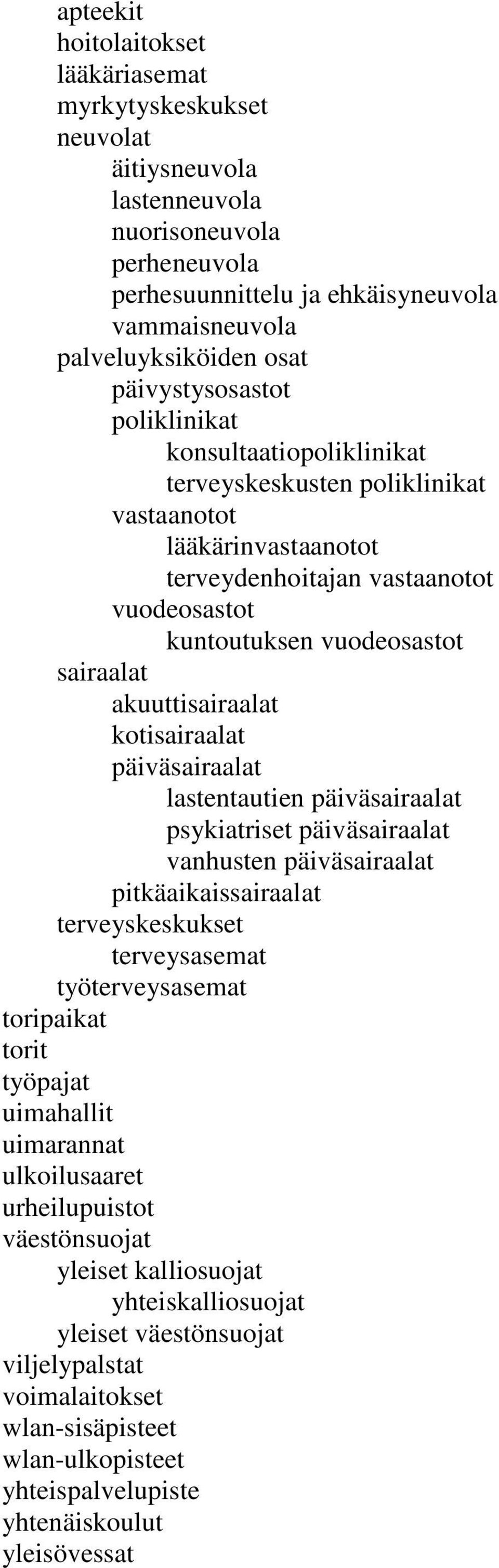 akuuttisairaalat kotisairaalat päiväsairaalat lastentautien päiväsairaalat psykiatriset päiväsairaalat vanhusten päiväsairaalat pitkäaikaissairaalat terveyskeskukset terveysasemat työterveysasemat