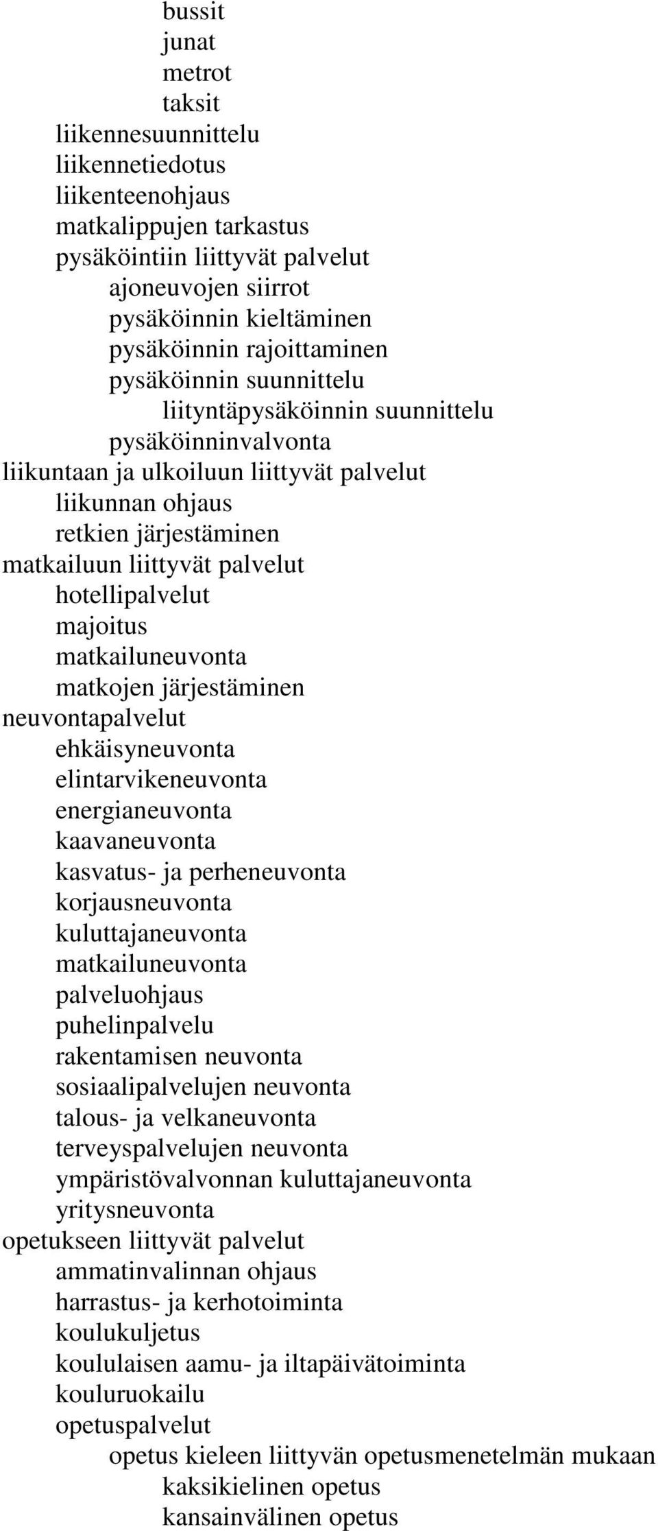 palvelut hotellipalvelut majoitus matkailuneuvonta matkojen järjestäminen neuvontapalvelut ehkäisyneuvonta elintarvikeneuvonta energianeuvonta kaavaneuvonta kasvatus- ja perheneuvonta korjausneuvonta