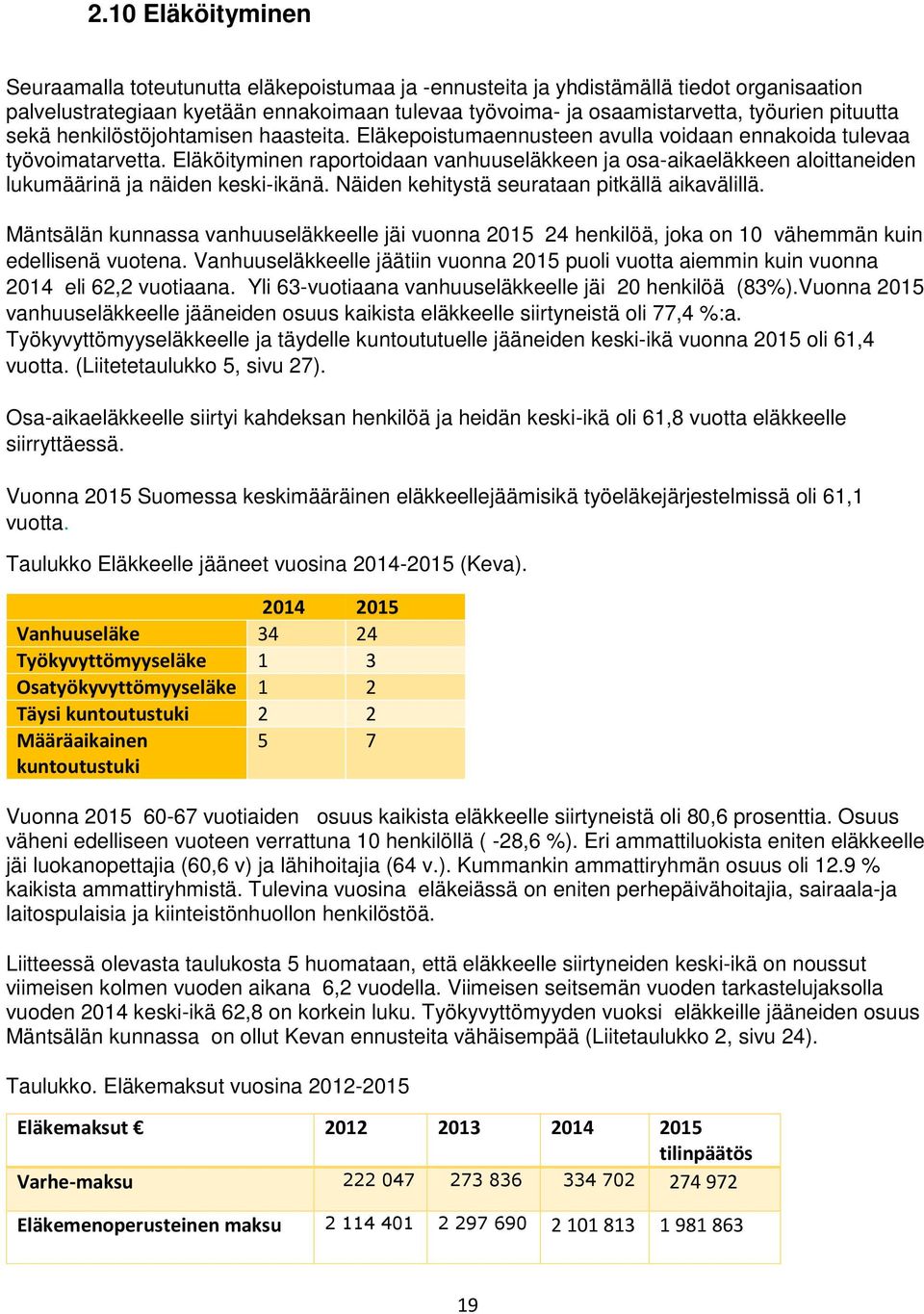 Eläköityminen raportoidaan vanhuuseläkkeen ja osa-aikaeläkkeen aloittaneiden lukumäärinä ja näiden keski-ikänä. Näiden kehitystä seurataan pitkällä aikavälillä.