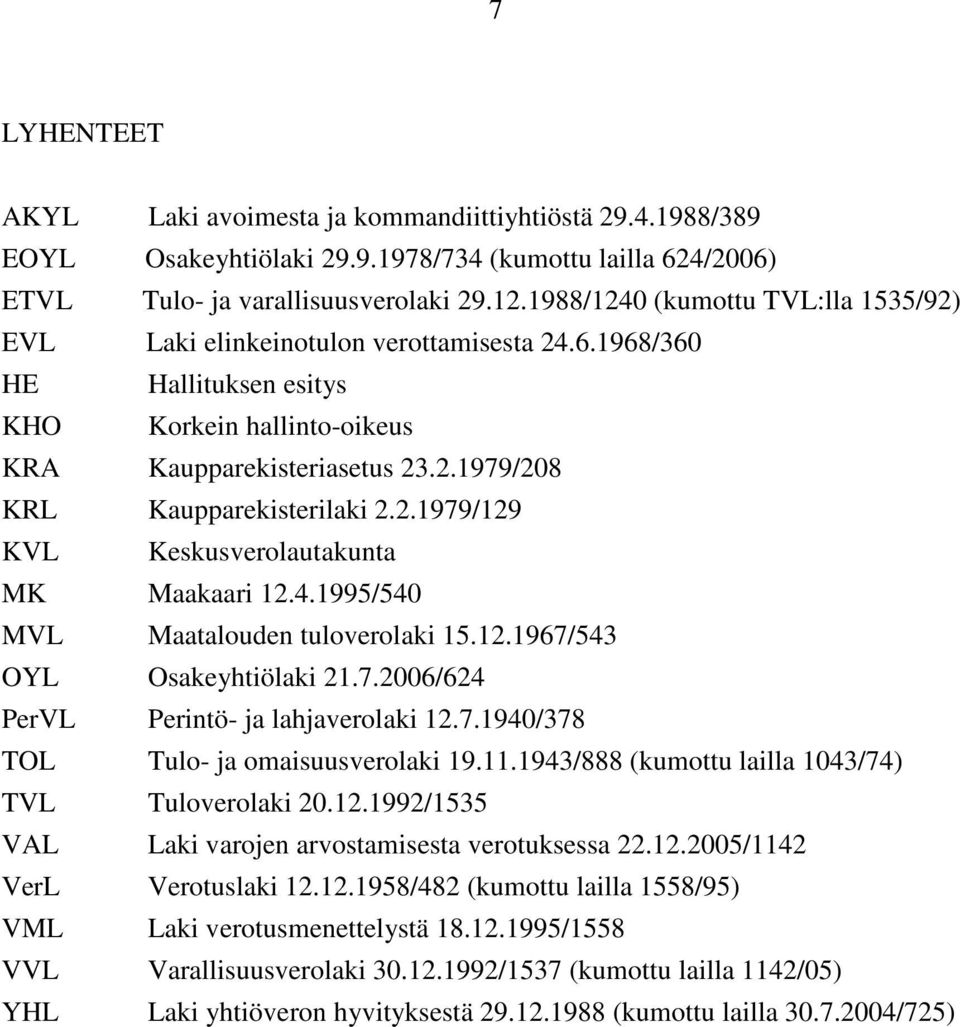 2.1979/129 KVL Keskusverolautakunta MK Maakaari 12.4.1995/540 MVL Maatalouden tuloverolaki 15.12.1967/543 OYL Osakeyhtiölaki 21.7.2006/624 PerVL Perintö- ja lahjaverolaki 12.7.1940/378 TOL Tulo- ja omaisuusverolaki 19.