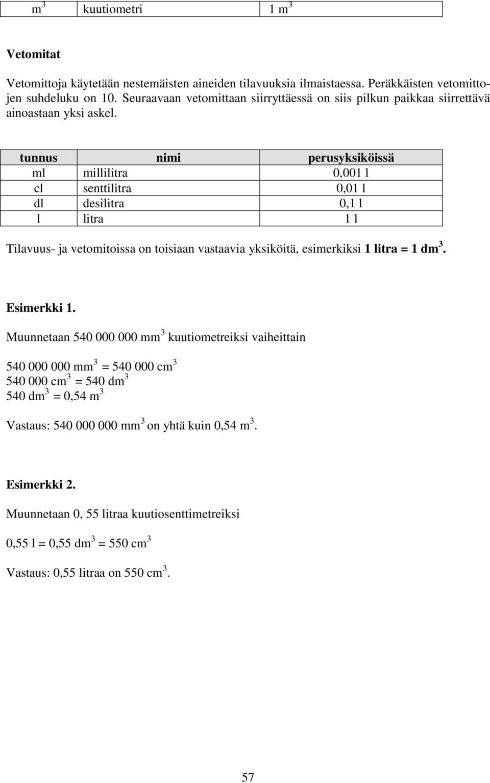 tunnus nimi perusyksiköissä ml millilitra 0,001 l cl senttilitra 0,01 l dl desilitra 0,1 l l litra 1 l Tilavuus- ja vetomitoissa on toisiaan vastaavia yksiköitä, esimerkiksi 1