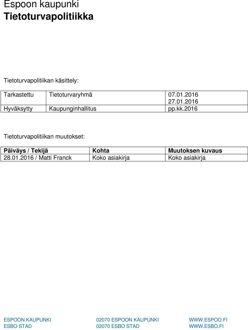 2016 Tietoturvapolitiikan muutokset: Päiväys / Tekijä Kohta Muutoksen kuvaus