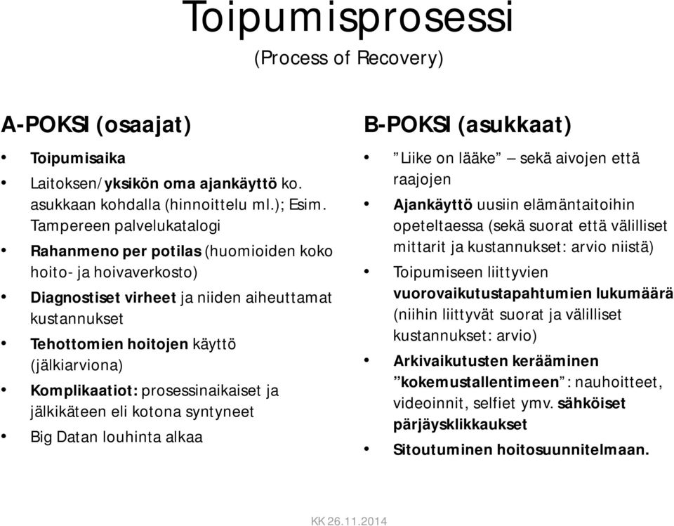 Komplikaatiot: prosessinaikaiset ja jälkikäteen eli kotona syntyneet Big Datan louhinta alkaa B-POKSI (asukkaat) Liike on lääke sekä aivojen että raajojen Ajankäyttö uusiin elämäntaitoihin