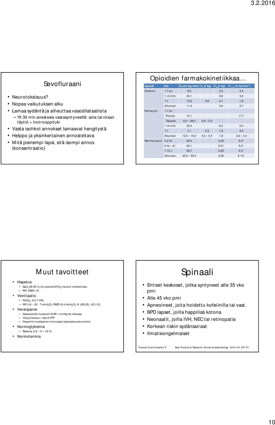 yksinkertainen annosteltava Mitä pienempi lapsi, sitä isompi annos (konsentraatio) Opioidien farmakokinetiikkaa Opioidi Ikä CL (ml/kg/min) V c (l/kg) V ss (l/kg) T 1/2,z (h tai min*) Oksikoni 1-7 pv