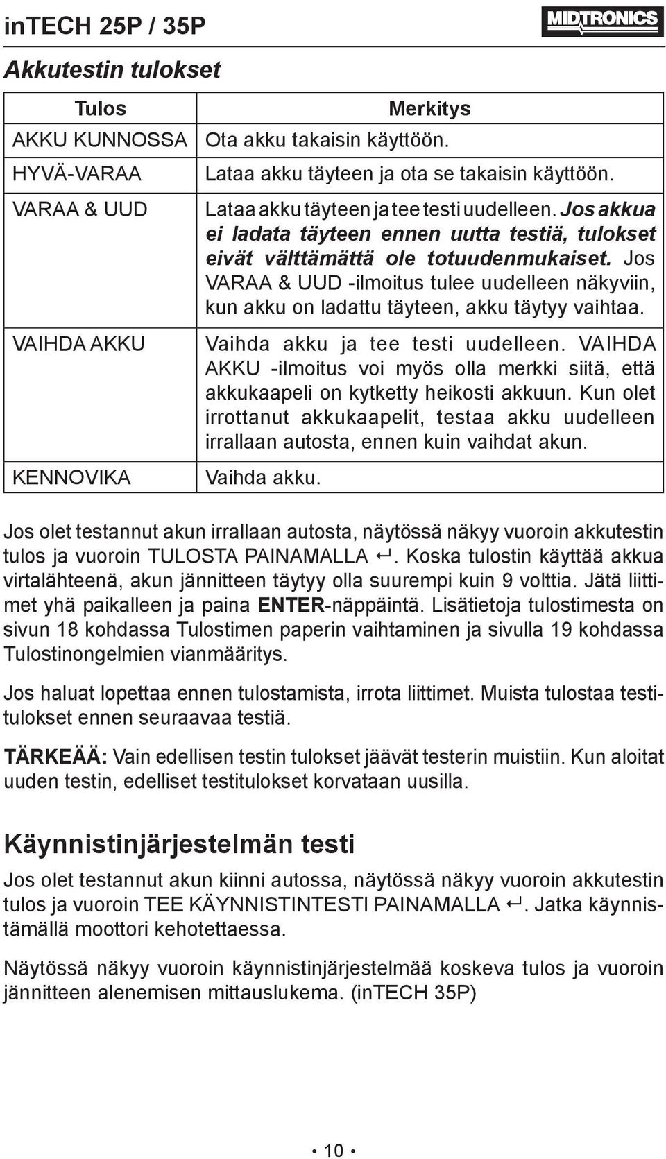 Jos VARAA & UUD -ilmoitus tulee uudelleen näkyviin, kun akku on ladattu täyteen, akku täytyy vaihtaa. Vaihda akku ja tee testi uudelleen.