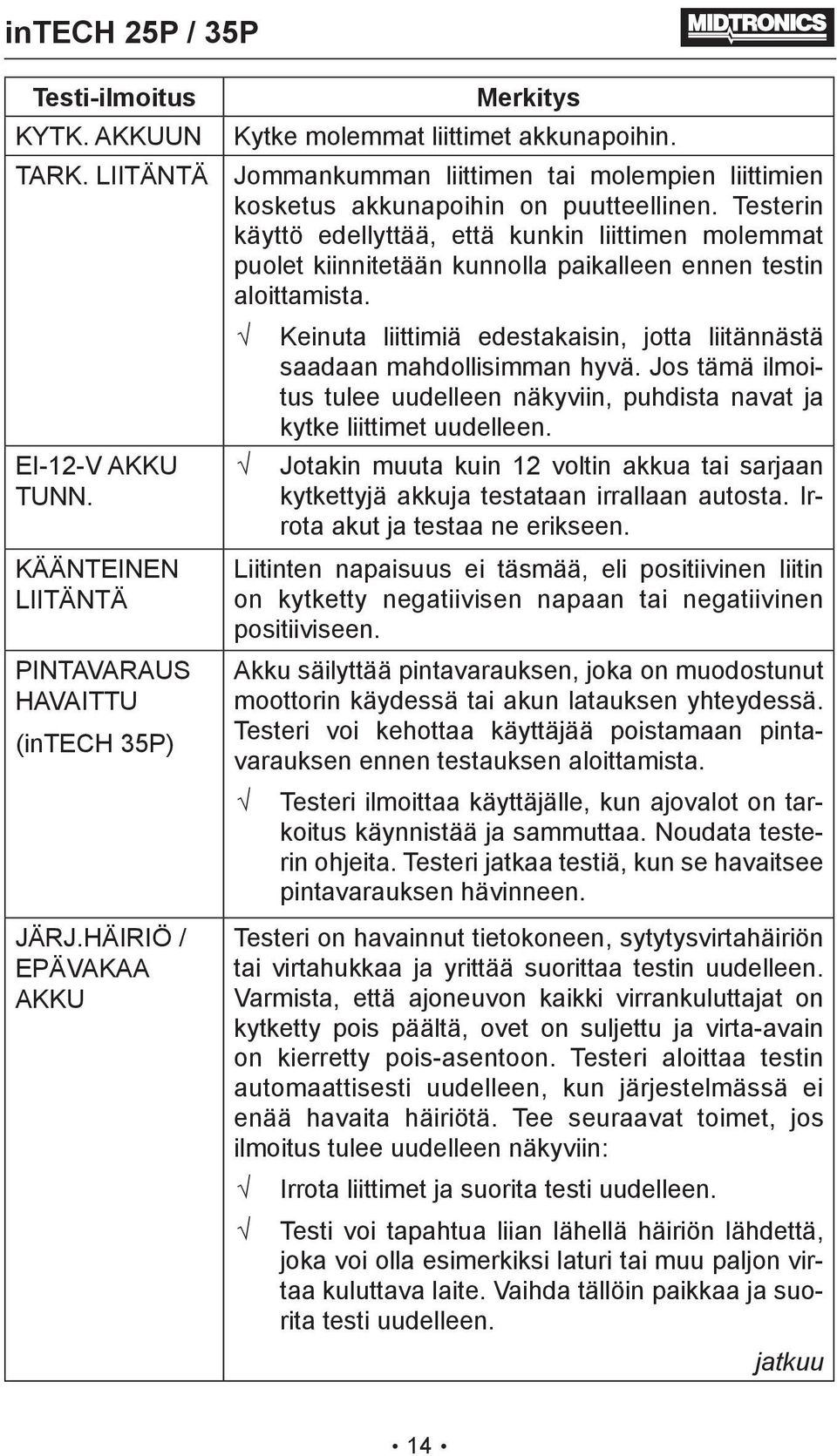 Testerin käyttö edellyttää, että kunkin liittimen molemmat puolet kiinnitetään kunnolla paikalleen ennen testin aloittamista.