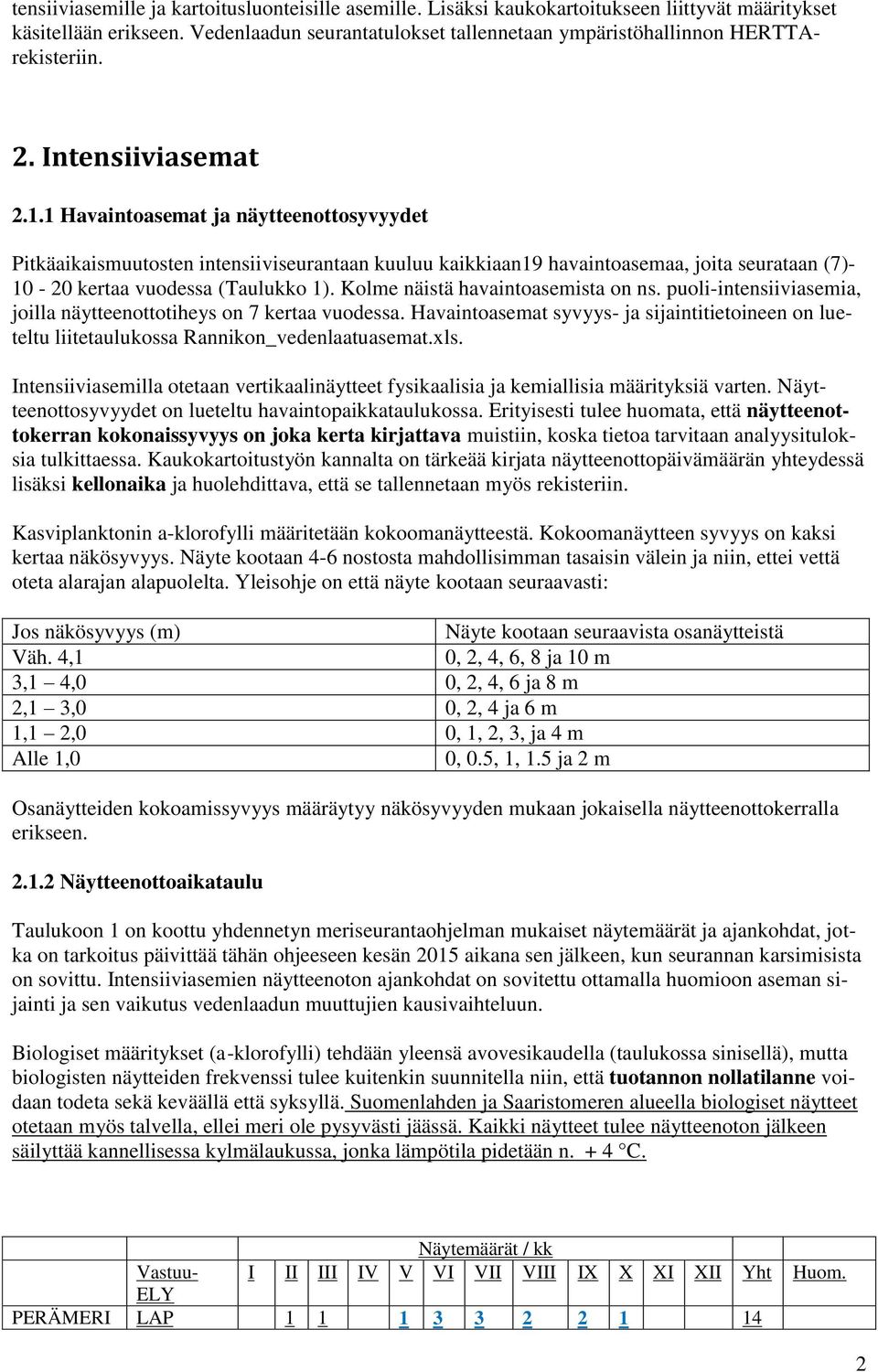 1 Havaintoasemat ja näytteenottosyvyydet Pitkäaikaismuutosten intensiiviseurantaan kuuluu kaikkiaan19 havaintoasemaa, joita seurataan (7)- 10-20 kertaa vuodessa (Taulukko 1).