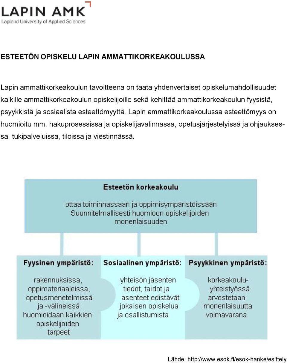 ja sosiaalista esteettömyyttä. Lapin ammattikorkeakoulussa esteettömyys on huomioitu mm.