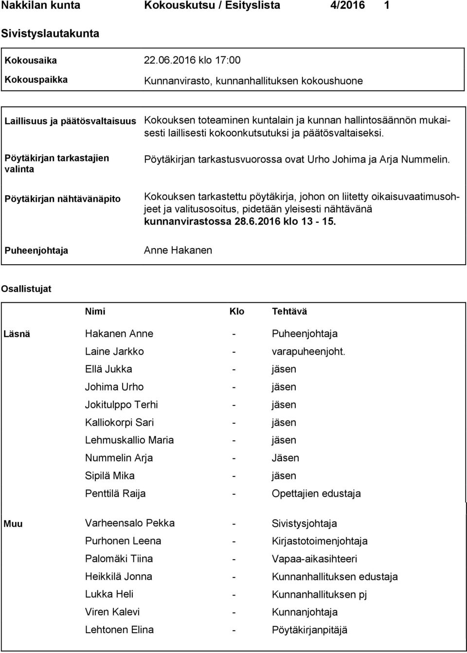 kuntalain ja kunnan hallinto sään nön mu kaisesti laillisesti kokoonkutsutuksi ja päätösvaltaiseksi. Pöytäkirjan tarkastusvuorossa ovat Urho Johima ja Arja Nummelin.