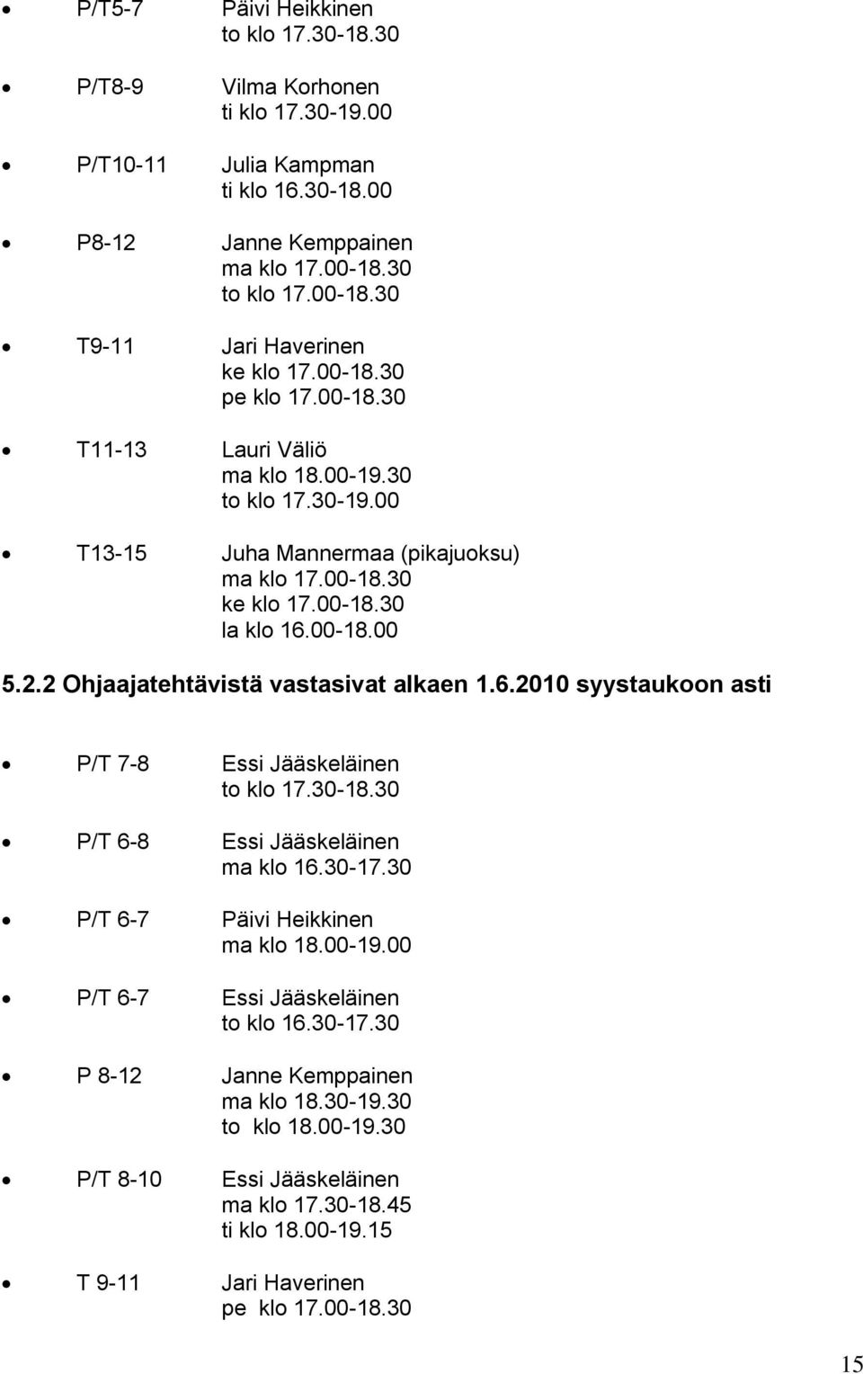 2 Ohjaajatehtävistä vastasivat alkaen 1.6.2010 syystaukoon asti P/T 7-8 Essi Jääskeläinen to klo 17.30-18.30 P/T 6-8 Essi Jääskeläinen ma klo 16.30-17.30 P/T 6-7 Päivi Heikkinen ma klo 18.00-19.