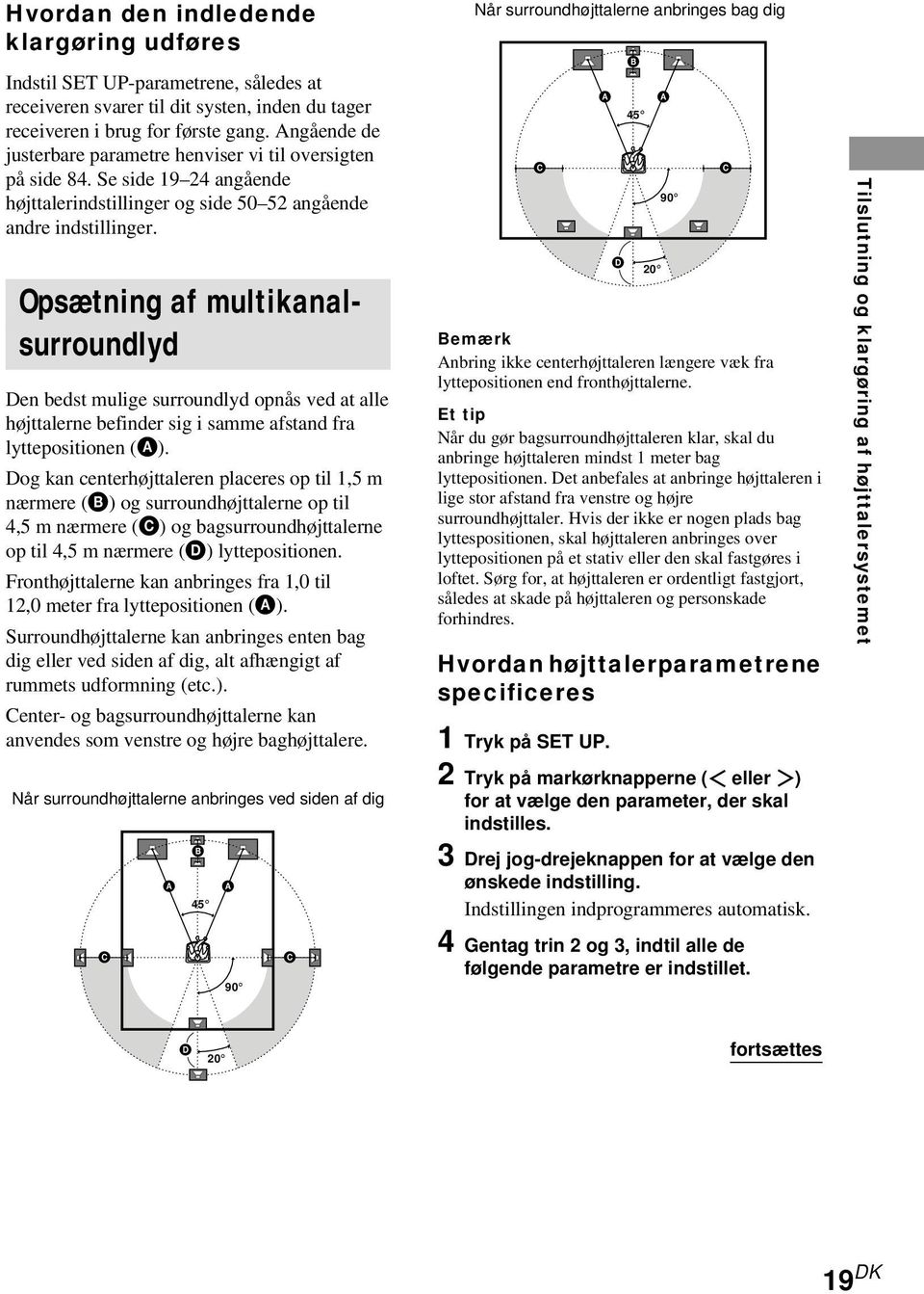 Når surroundhøjttalerne anbringes bag dig B A A 45 C C 90 Opsætning af multikanalsurroundlyd Den bedst mulige surroundlyd opnås ved at alle højttalerne befinder sig i samme afstand fra