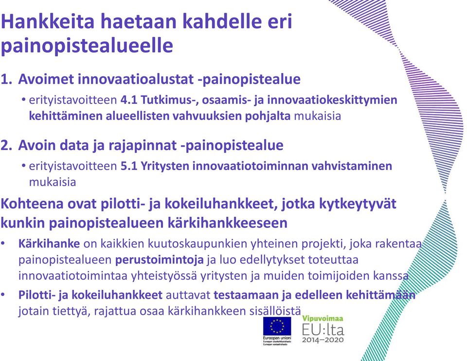 1 Yritysten innovaatiotoiminnan vahvistaminen mukaisia Kohteena ovat pilotti- ja kokeiluhankkeet, jotka kytkeytyvät kunkin painopistealueen kärkihankkeeseen Kärkihanke on kaikkien