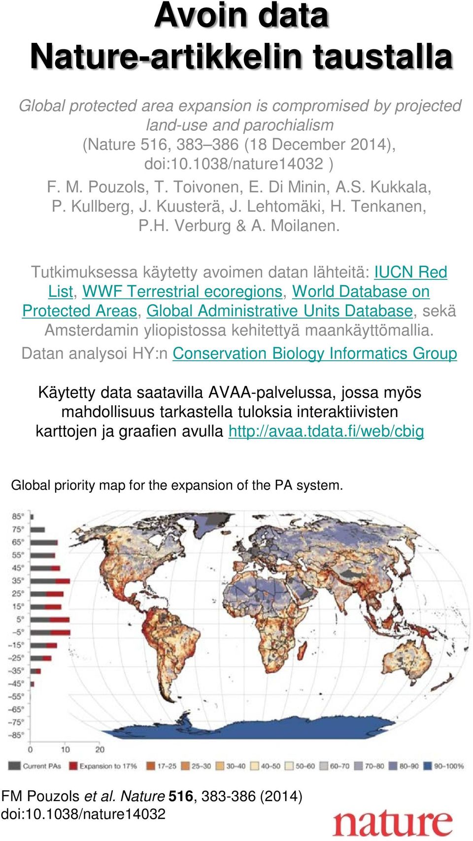 Tutkimuksessa käytetty avoimen datan lähteitä: IUCN Red List, WWF Terrestrial ecoregions, World Database on Protected Areas, Global Administrative Units Database, sekä Amsterdamin yliopistossa