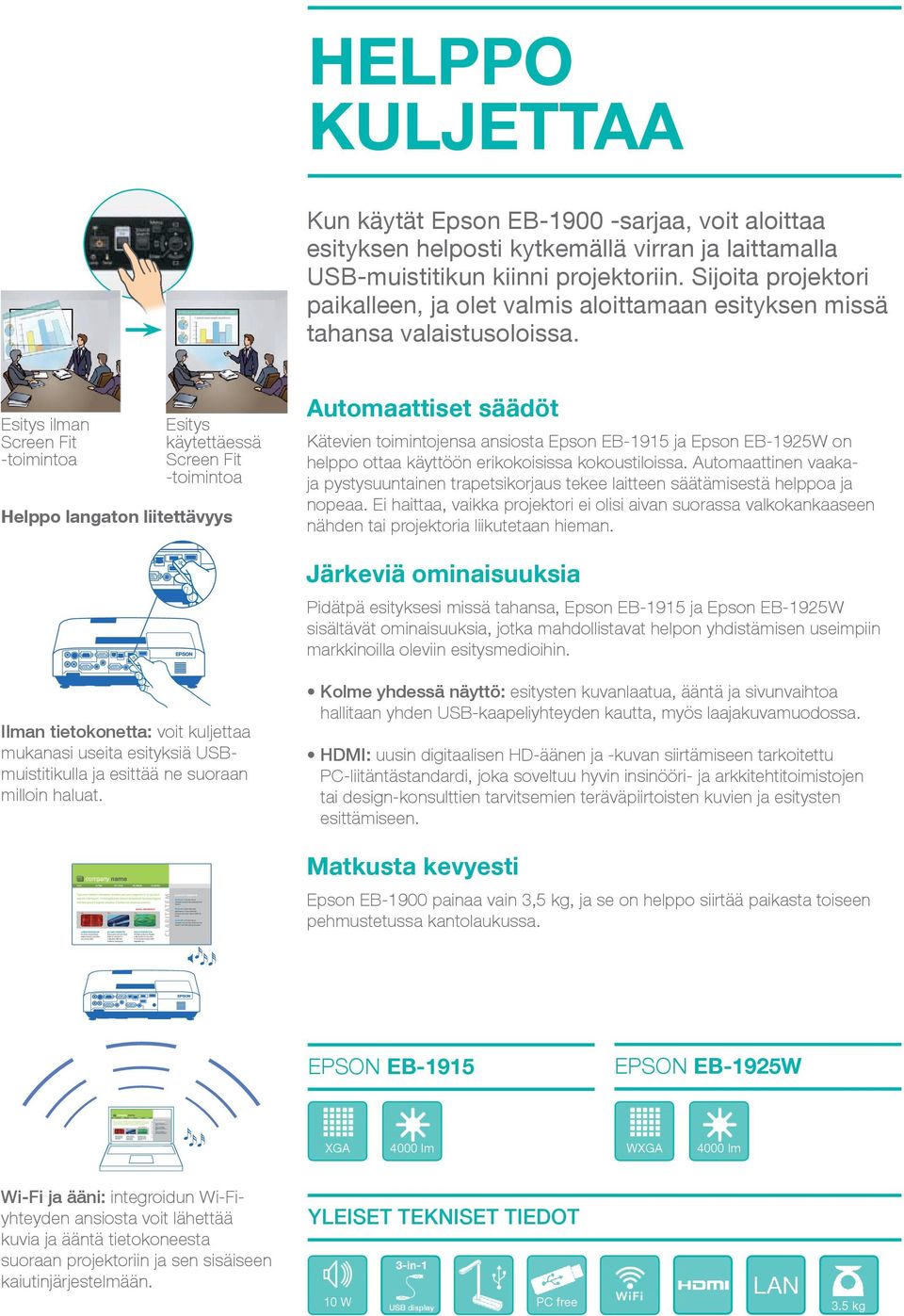 Esitys ilman Screen Fit -toimintoa Esitys käytettäessä Screen Fit -toimintoa Helppo langaton liitettävyys Automaattiset säädöt Kätevien toimintojensa ansiosta Epson EB-1915 ja Epson EB-1925W on