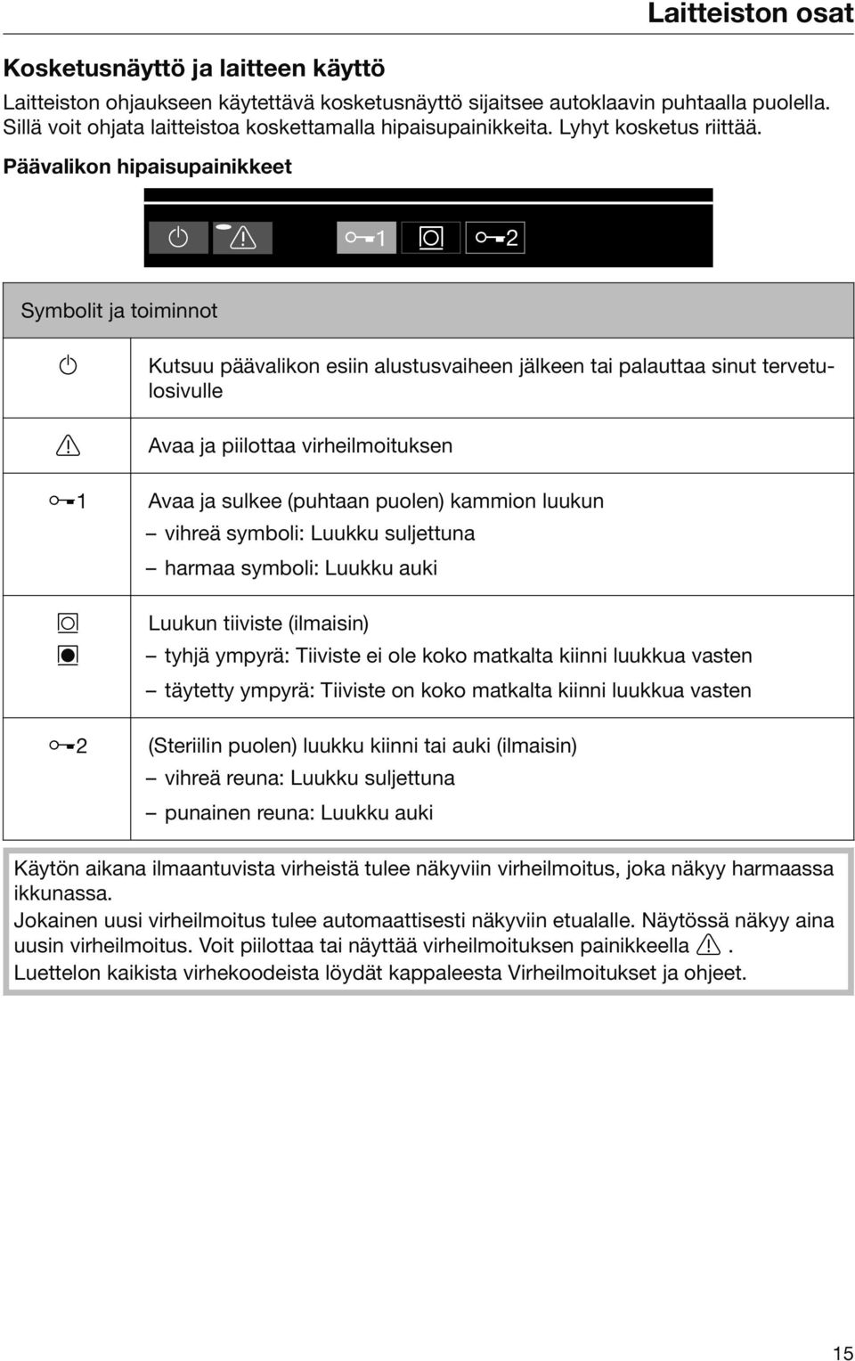 Päävalikon hipaisupainikkeet 1 2 Symbolit ja toiminnot 1 2 Kutsuu päävalikon esiin alustusvaiheen jälkeen tai palauttaa sinut tervetulosivulle Avaa ja piilottaa virheilmoituksen Avaa ja sulkee