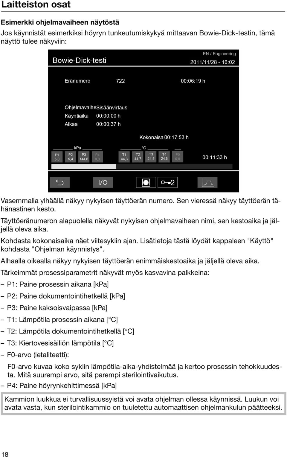 Kohdasta kokonaisaika näet viitesyklin ajan. Lisätietoja tästä löydät kappaleen "Käyttö" kohdasta "Ohjelman käynnistys".