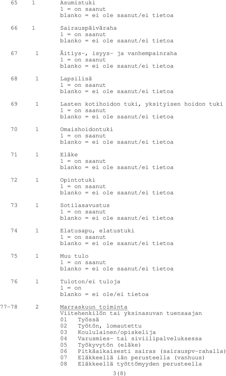 77-78 2 Marraskuun toiminta Viitehenkilön tai yksinasuvan tuensaajan 0 Työssä 02 Työtön, lomautettu 03 Koululainen/opiskelija 04 Varusmies- tai