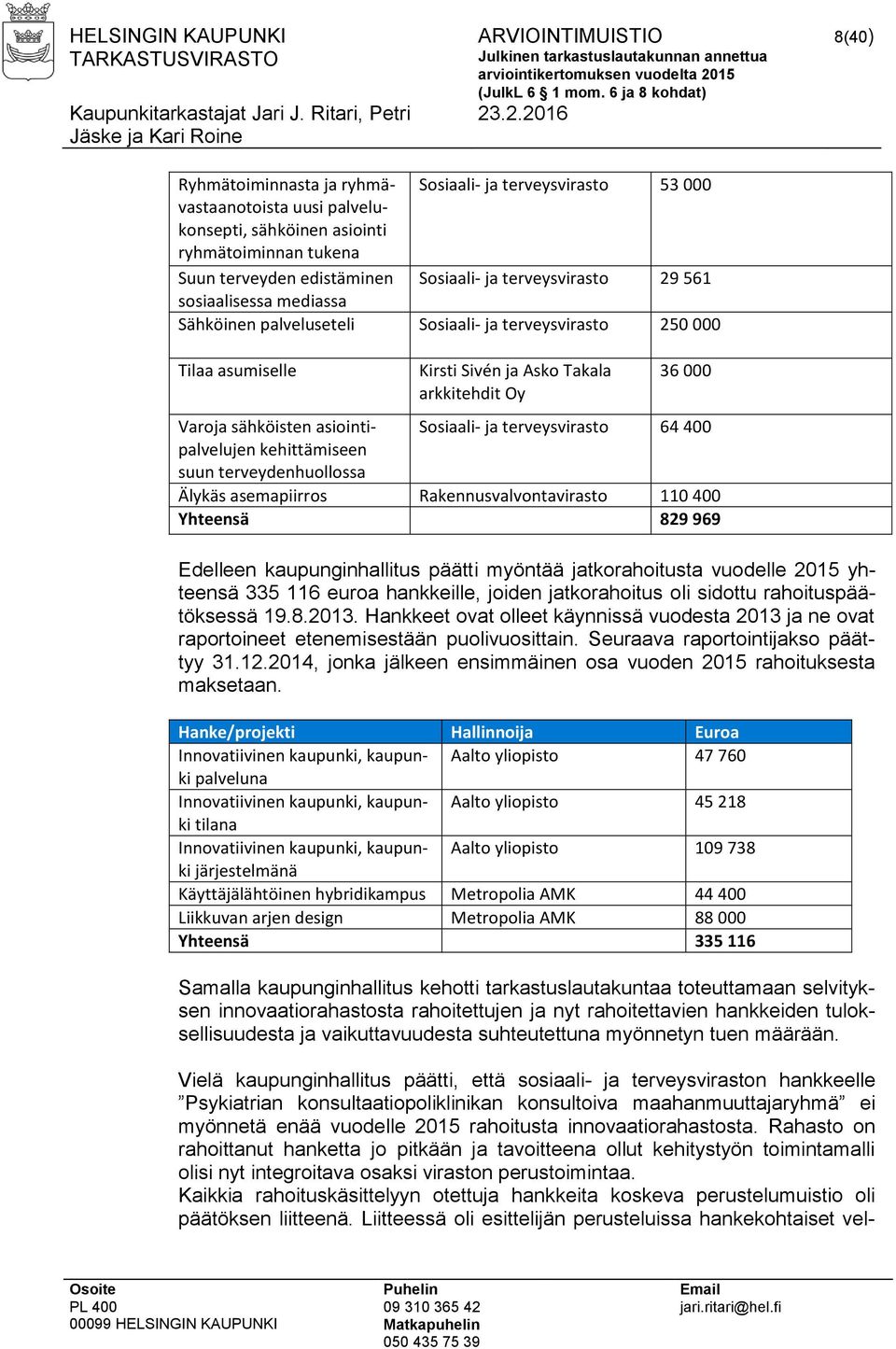 Varoja sähköisten asiointi- Sosiaali- ja terveysvirasto 64 400 palvelujen kehittämiseen suun terveydenhuollossa Älykäs asemapiirros Rakennusvalvontavirasto 110 400 Yhteensä 829 969 Edelleen