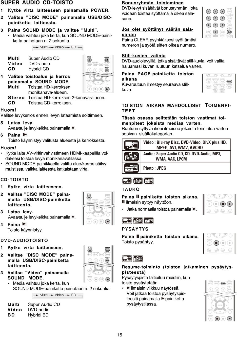 Multi Toistaa HD-kerroksen monikanava-alueen. S t e r e o Toistaa HD-kerroksen 2-kanava-alueen. C D Toistaa CD-kerroksen. Valitse levykerros ennen levyn lataamista soittimeen. 5 Lataa levy.