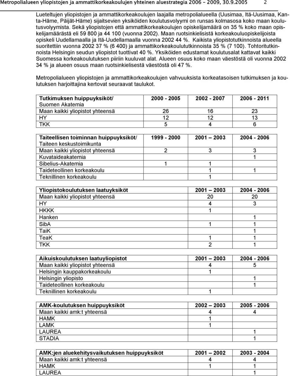 koko maan koulutusvolyymista. Sekä yliopistojen että ammattikorkeakoulujen opiskelijamäärä on 35 % koko maan opiskelijamäärästä eli 59 800 ja 44 100 (vuonna 2002).