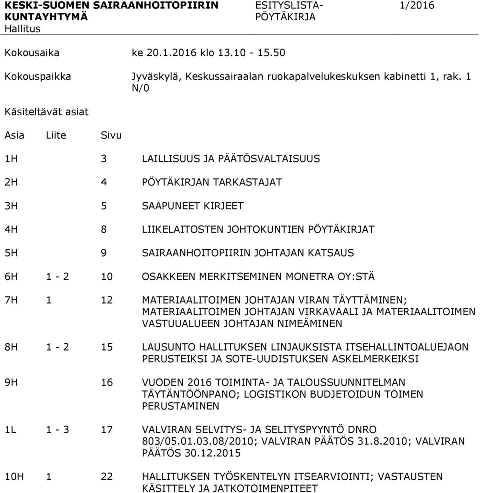 JOHTAJAN KATSAUS 6H 1-2 10 OSAKKEEN MERKITSEMINEN MONETRA OY:STÄ 7H 1 12 MATERIAALITOIMEN JOHTAJAN VIRAN TÄYTTÄMINEN; MATERIAALITOIMEN JOHTAJAN VIRKAVAALI JA MATERIAALITOIMEN VASTUUALUEEN JOHTAJAN