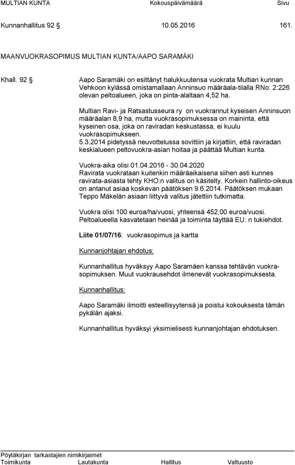 Multian Ravi- ja Ratsastusseura ry on vuokrannut kyseisen Anninsuon määräalan 8,9 ha, mutta vuokrasopimuksessa on maininta, että kyseinen osa, joka on raviradan keskustassa, ei kuulu