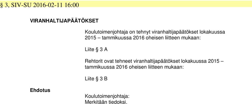 Liite 3 A Rehtorit ovat tehneet  Liite 3 B Koulutoimenjohtaja: Merkitään