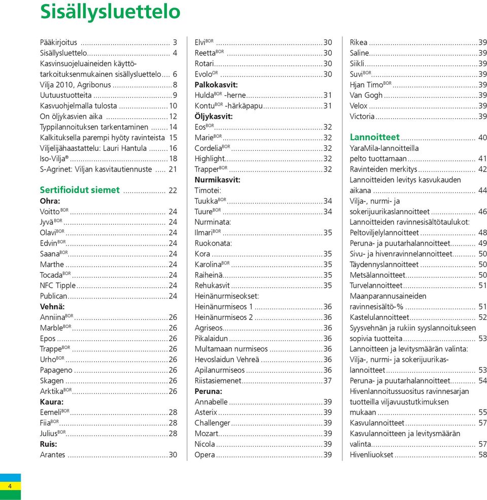 .. 21 Sertifioidut siemet... 22 Ohra: Voitto BOR... 24 Jyvä BOR... 24 Olavi BOR...24 Edvin BOR...24 Saana BOR...24 Marthe...24 Tocada BOR...24 NFC Tipple...24 Publican...24 Vehnä: Anniina BOR.