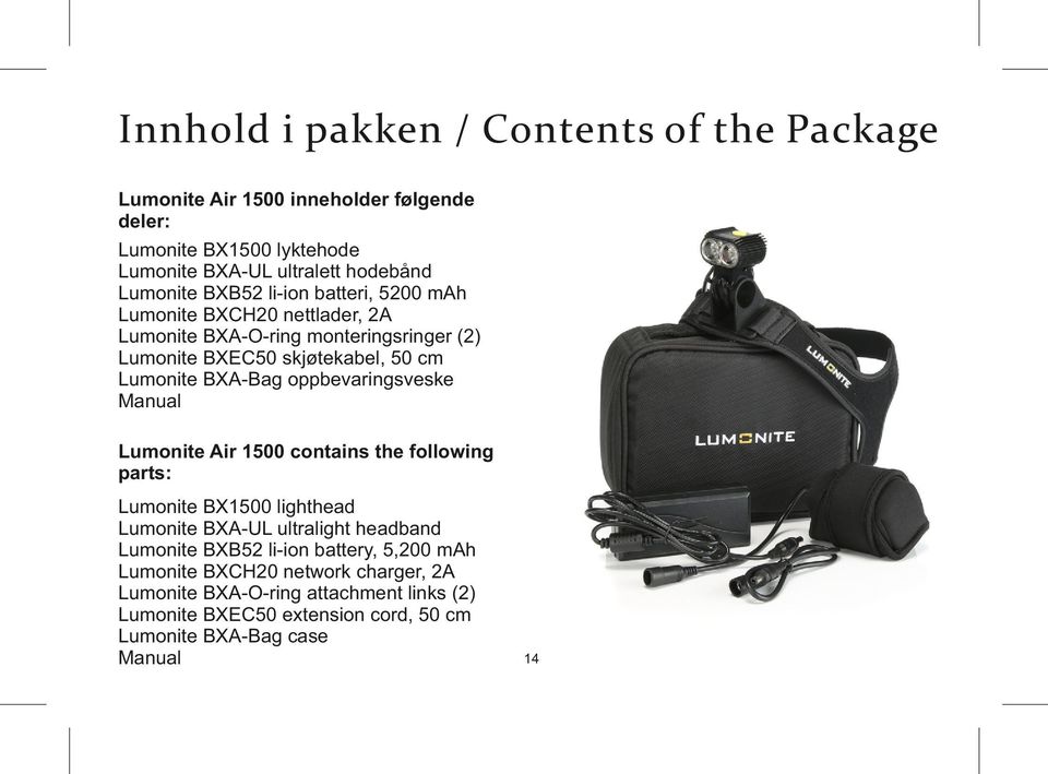 oppbevaringsveske Manual Lumonite Air 1500 contains the following parts: Lumonite BX1500 lighthead Lumonite BXA-UL ultralight headband Lumonite BXB52 li-ion