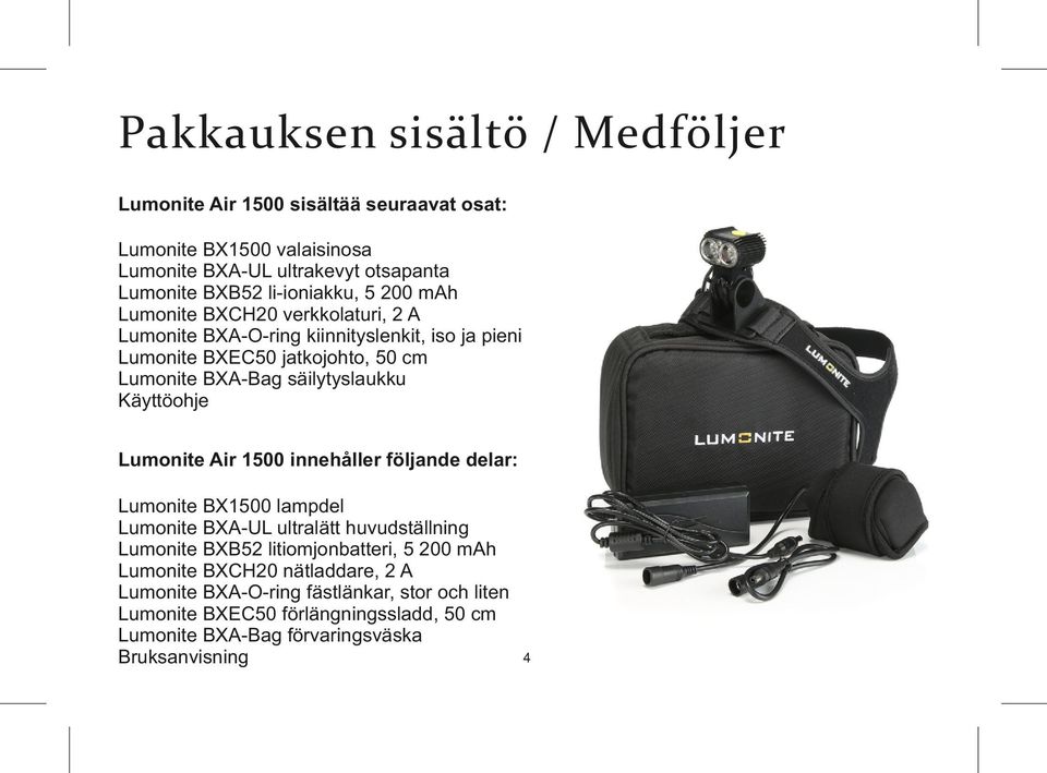 säilytyslaukku Käyttöohje Lumonite Air 1500 innehåller följande delar: Lumonite BX1500 lampdel Lumonite BXA-UL ultralätt huvudställning Lumonite BXB52