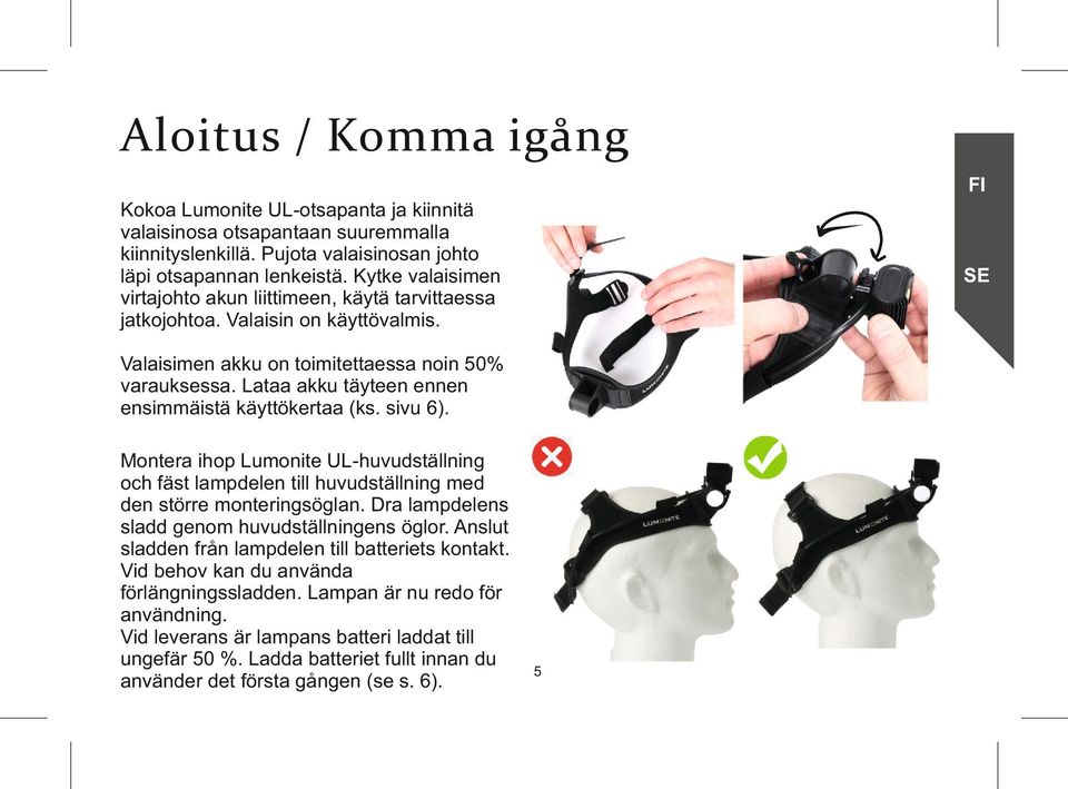 Lataa akku täyteen ennen ensimmäistä käyttökertaa (ks. sivu 6). Montera ihop Lumonite UL-huvudställning och fäst lampdelen till huvudställning med den större monteringsöglan.