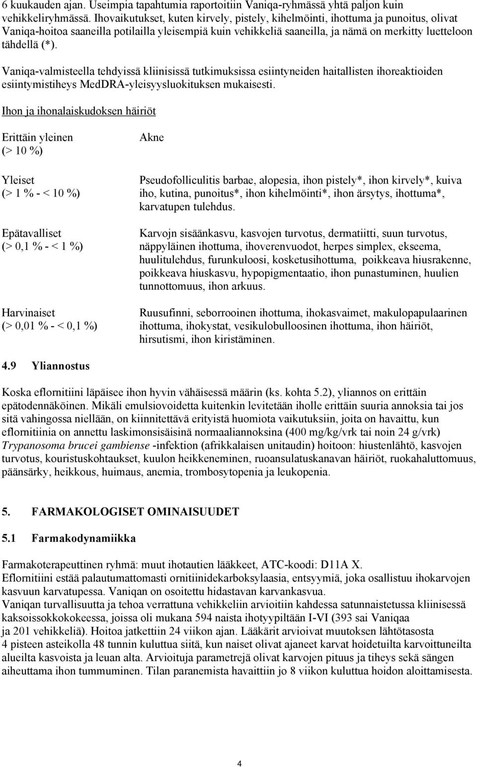 Vaniqa-valmisteella tehdyissä kliinisissä tutkimuksissa esiintyneiden haitallisten ihoreaktioiden esiintymistiheys MedDRA-yleisyysluokituksen mukaisesti.