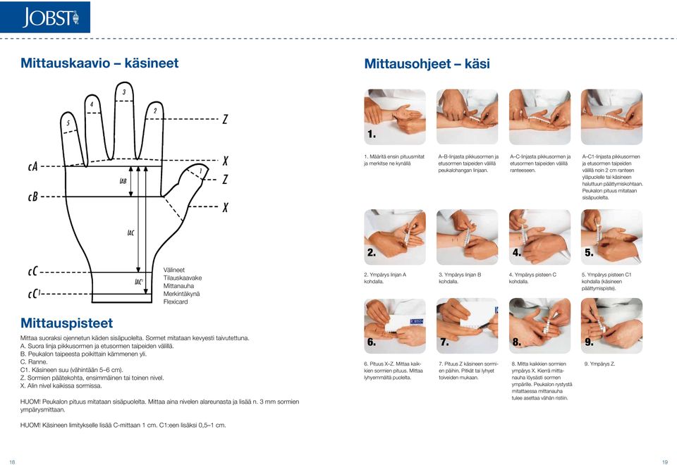 Peukalon pituus mitataan sisäpuolelta. 2. 4. 5. Välineet Tilauskaavake Mittanauha Merkintäkynä Flexicard 2. Ympärys linjan A kohdalla. 3. Ympärys linjan B kohdalla. 4. Ympärys pisteen C kohdalla. 5. Ympärys pisteen C1 kohdalla (käsineen päättymispiste).